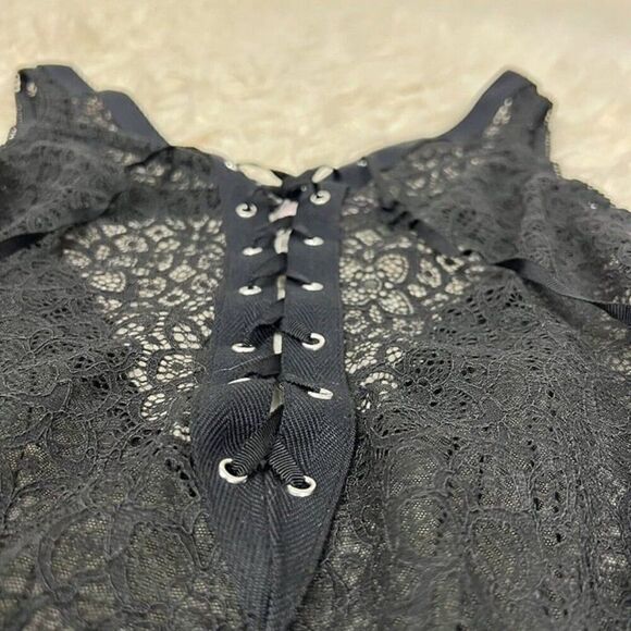 Victorias Secret Dream Angels Sheer Black Lace Up Thong Teddy Bodysuit Small - Picture 9 of 12
